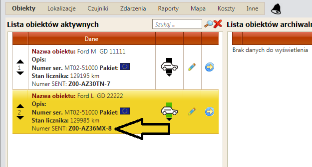 lista obiektów sent