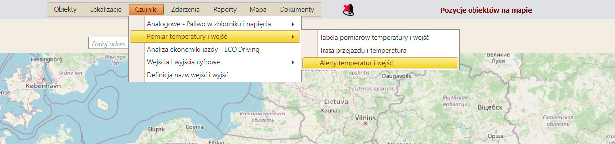 Alerty temperatur i wejść -menu