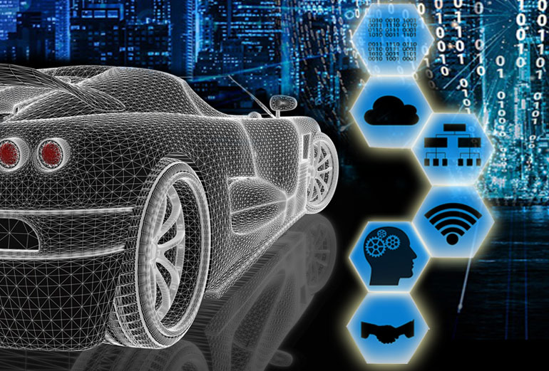 grafika przedstawia schemat fragmentu samochodu osobowego oraz kolejno ikony chmury, komputera, sygnału wi-fi, rąk i szeregu cyfr