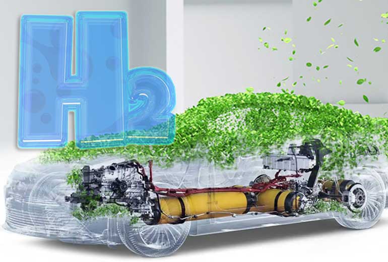 grafika przedstawia schemat samochodu w przekroju z silnikiem wodorowym, obsypany z góry zielonymi listkami oraz symbol chemiczny pierwiastka H2