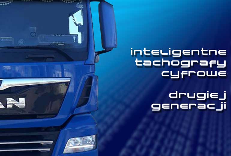 grafika przedstawia fragment maski samochodu ciężarowego na niebieskim tle i tekst 