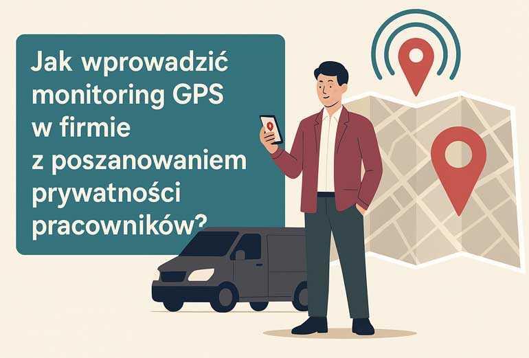 grafika przedstawia mężczyznę trzynajacego w ręku telefon, obok mapę z lokalizacją i samochód dostawczy