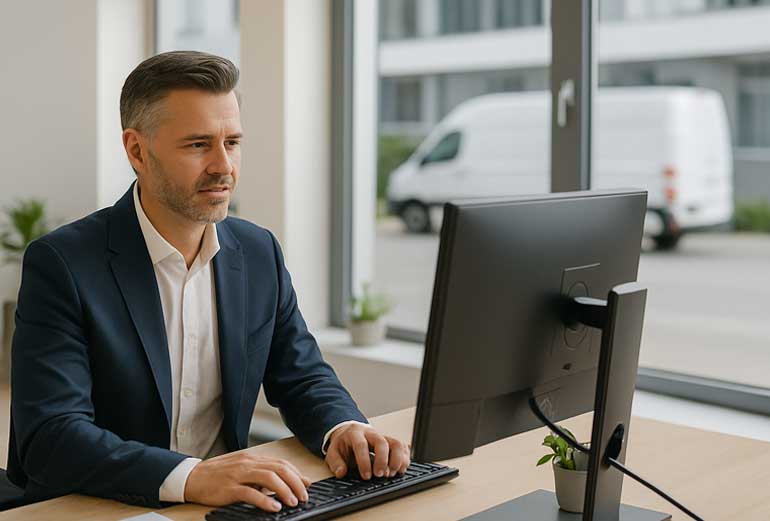 grafika przedstawia mężczyznę w biurze siedzącego przed komputerem