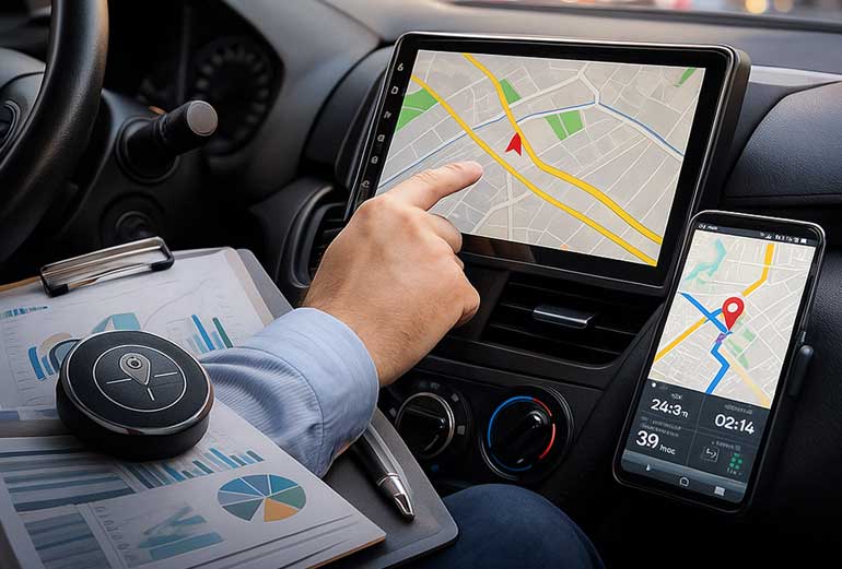 grafika przedstawia mężczyznę w samochodzie obserwujacego lokalizację pojazdu na wyświetlaczach oraz lezące dokumenty z wykresami