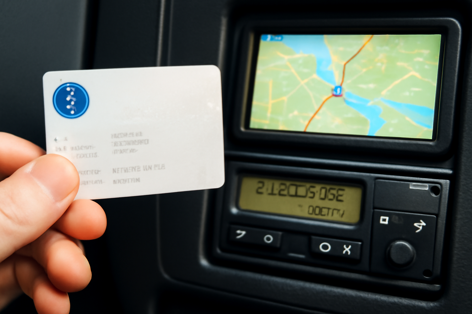 Karta kierowcy, tachograf i ekran z trasą GPS w zbliżeniu