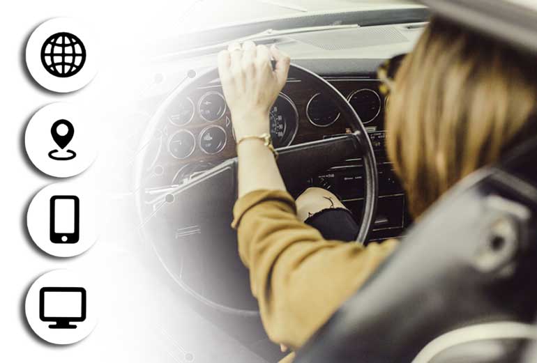 grafika przedstawia osobę kierującą pojazdem widzianą z boku oraz ikony globu, lokalizacji, smartfona i monitora kumputera