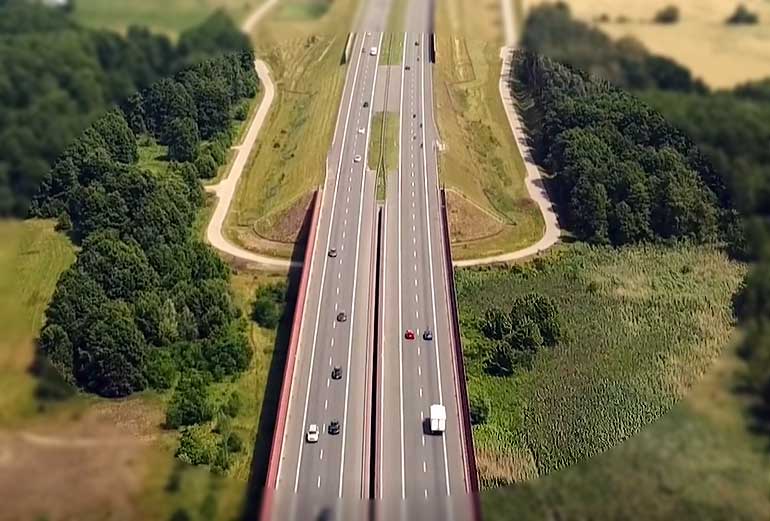grafika przdstawia autostradę widzianą z lotu ptaka oraz jadące samochody