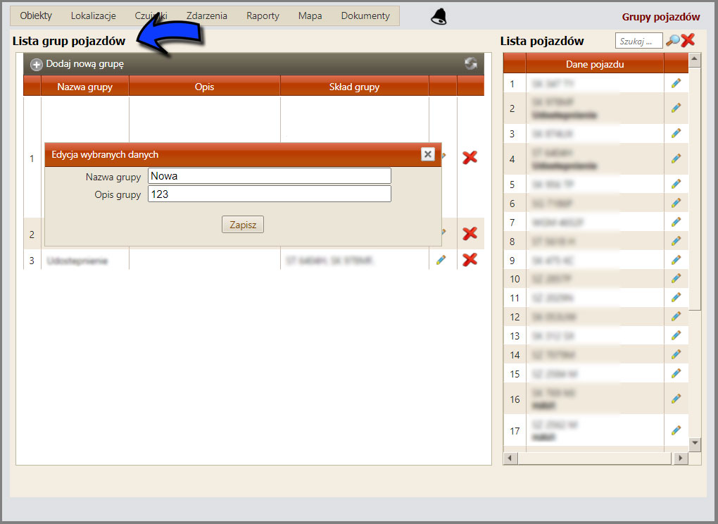edycja - lista grup pojazdów
