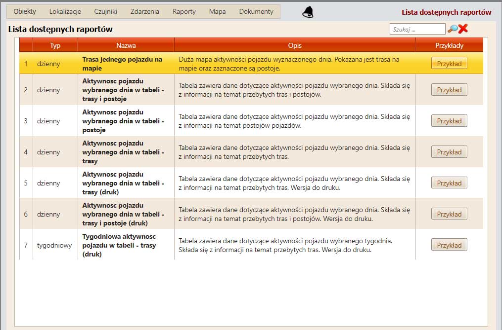 lista dostępnych raportów