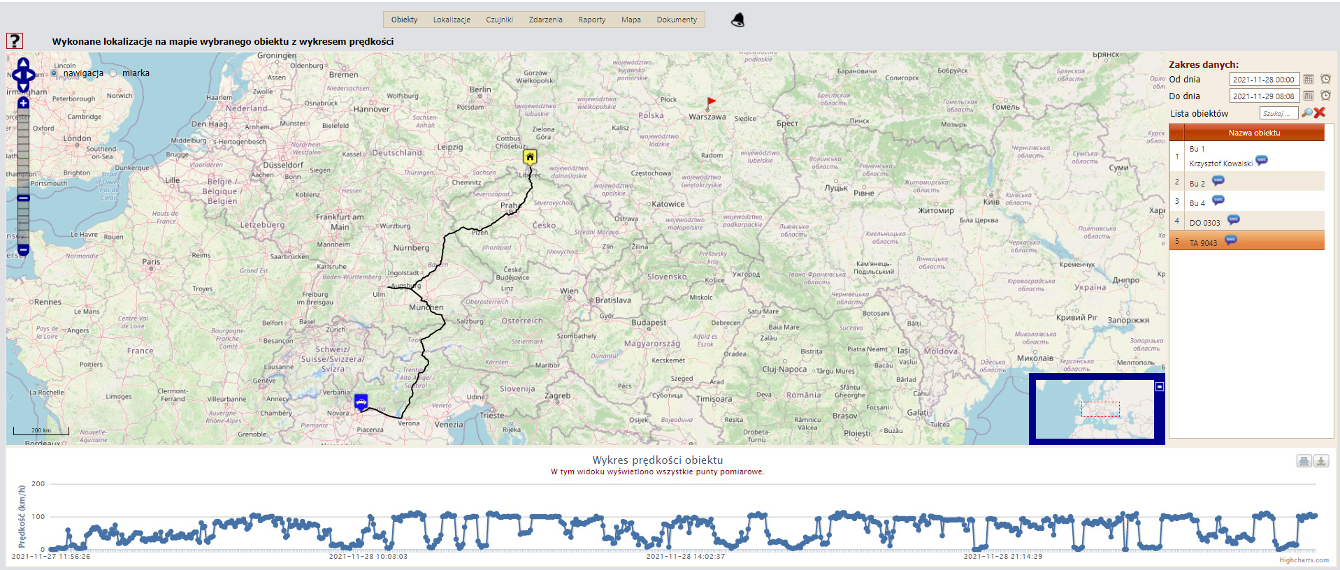 prędkość pod mapa-trasa i wykres