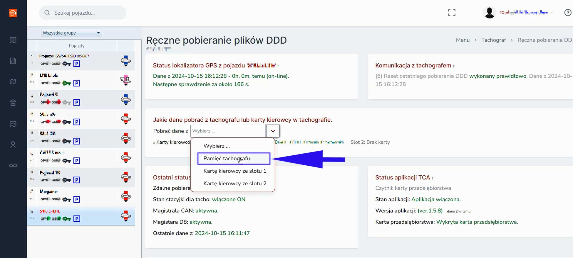 pliki DDD - jakie dane pobrać z tachografu, wybór 