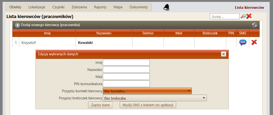 menu -lista kierowców