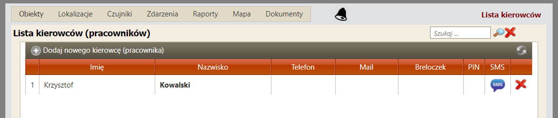 menu -lista kierowców