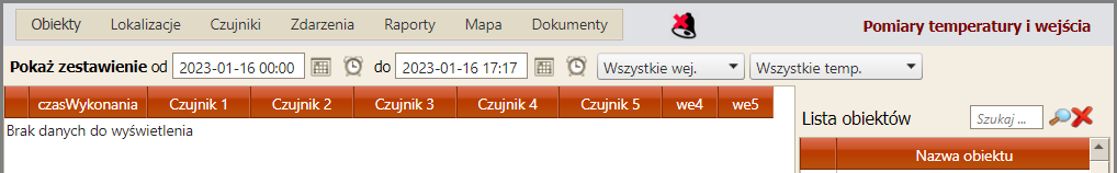 Pomiary temperatury i wejścia -wycinek