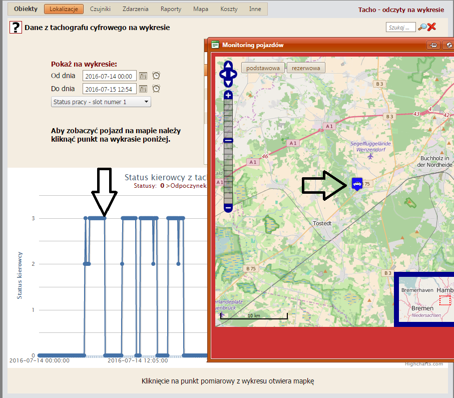 Dane na wykresie z tachografu z mapą